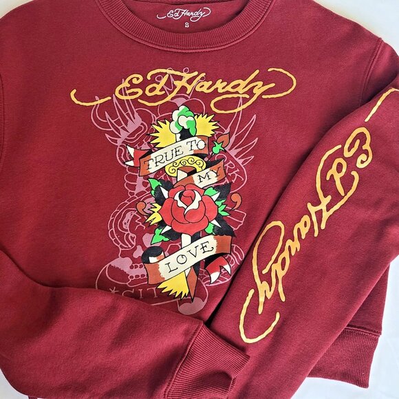 Ed Hardy Graphic Crop Pullover Sweatshirt Shirt Red Small Rose Tattoo Y2K Retro - Picture 1 of 12